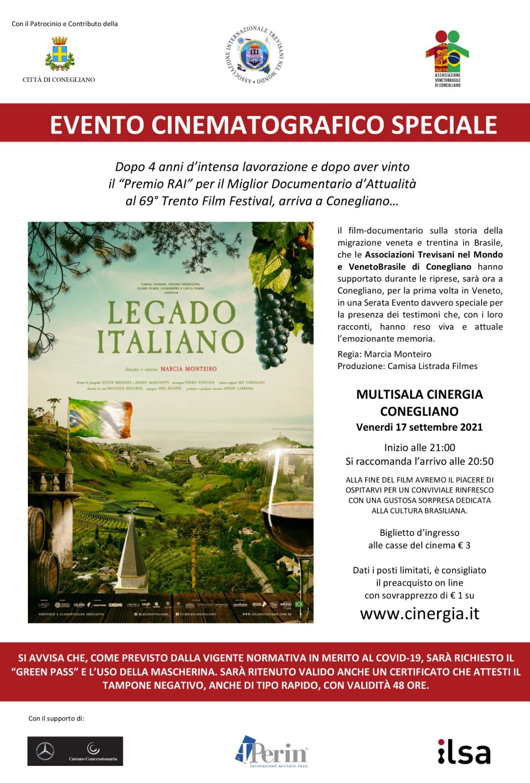Evento cinematografico speciale 17 settembre 2021 Cinergia Conegliano